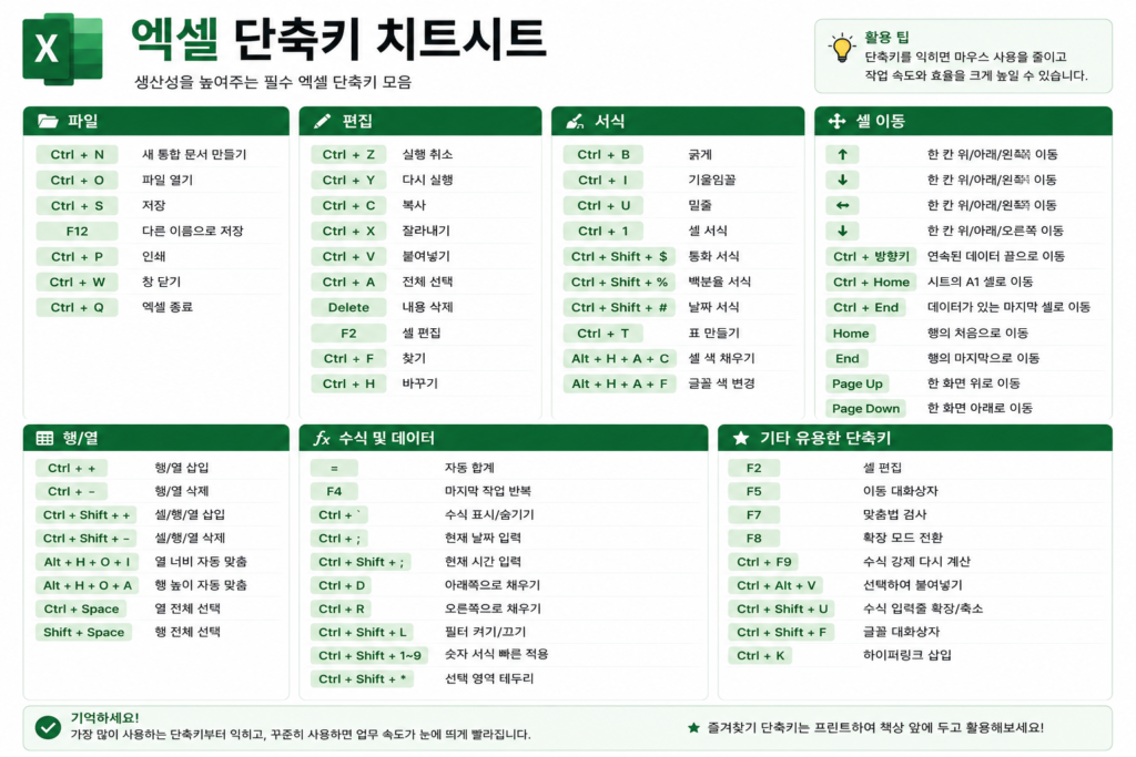 엑셀 단축키 정리표