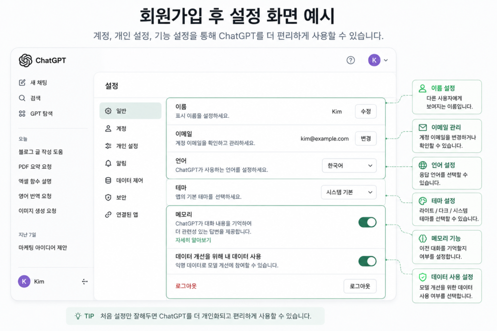 회원가입 후 설정 화면 예시