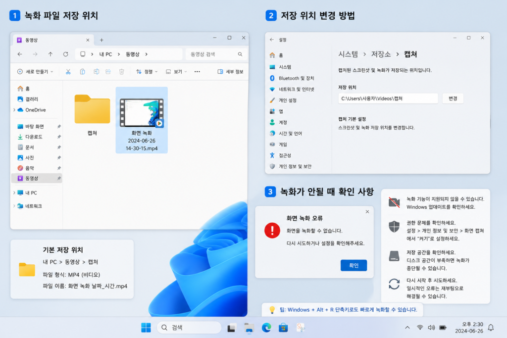 녹화 파일 저장 위치 및 오류 확인 화면