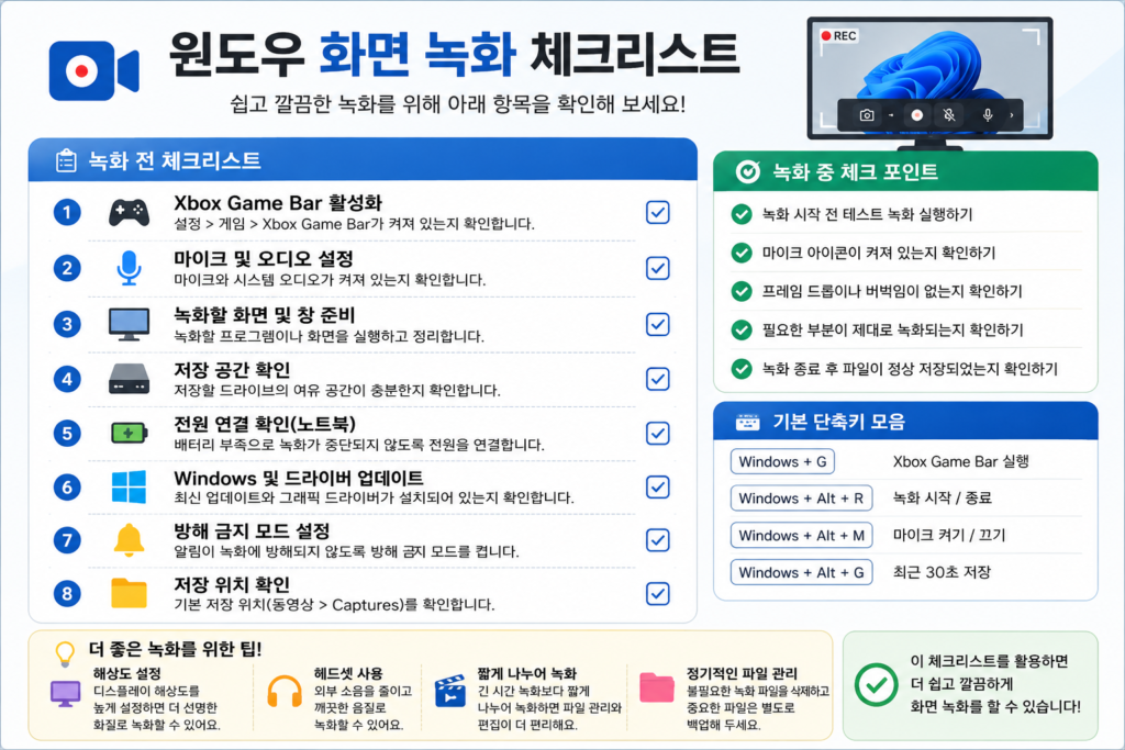 윈도우 화면 녹화 체크리스트