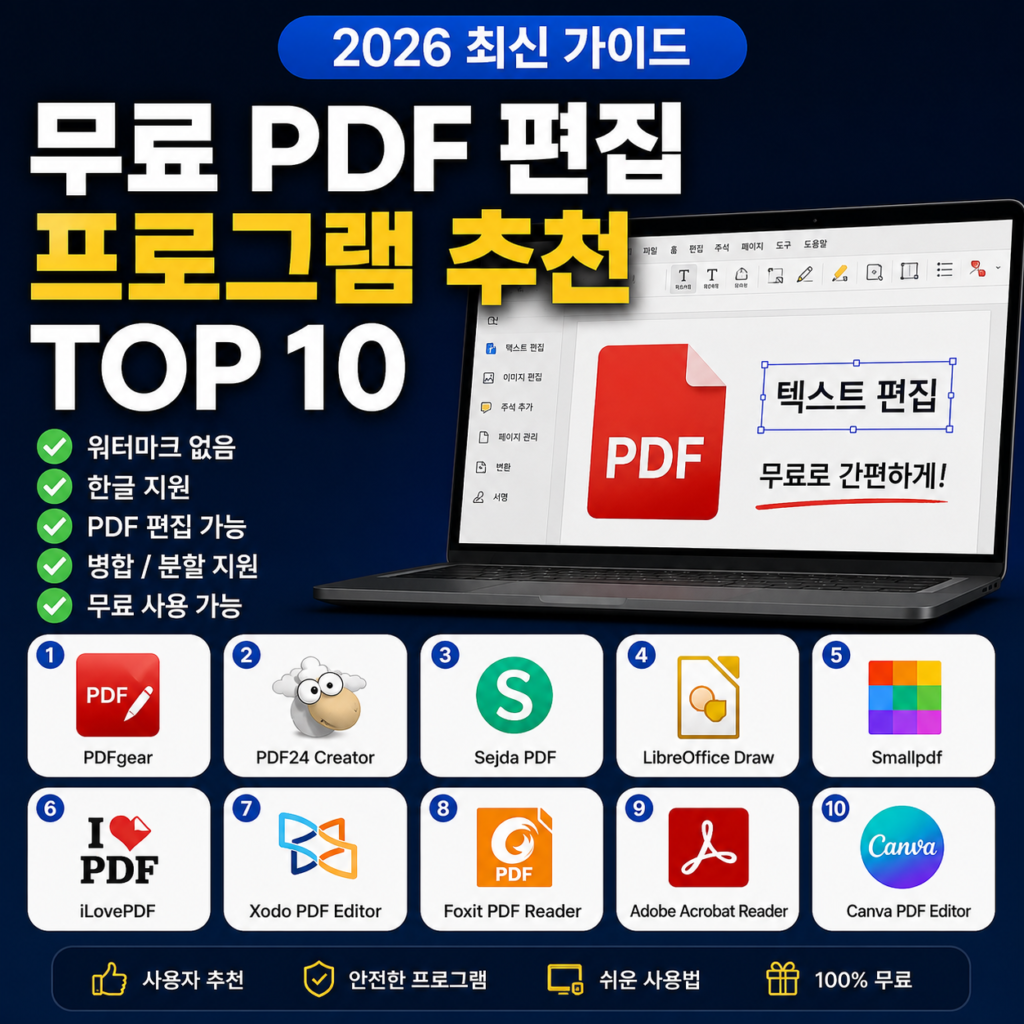 [대표 이미지]

무료 PDF 편집 프로그램 추천 TOP 10 비교 화면

free-pdf-editor-top10.webp