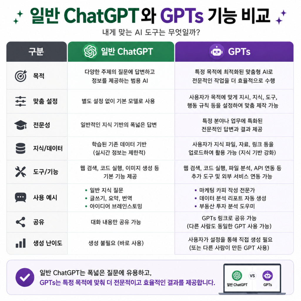 
[이미지1]
일반 ChatGPT와 GPTs 기능을 비교한 화면