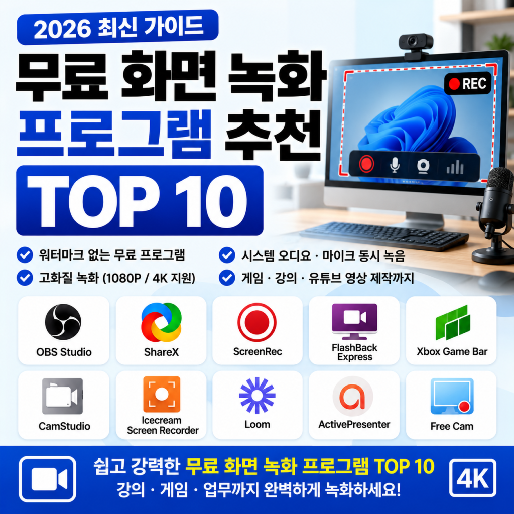 [대표 이미지]

무료 화면 녹화 프로그램 추천 TOP 10 비교 화면

free-screen-recorder-top10.webp