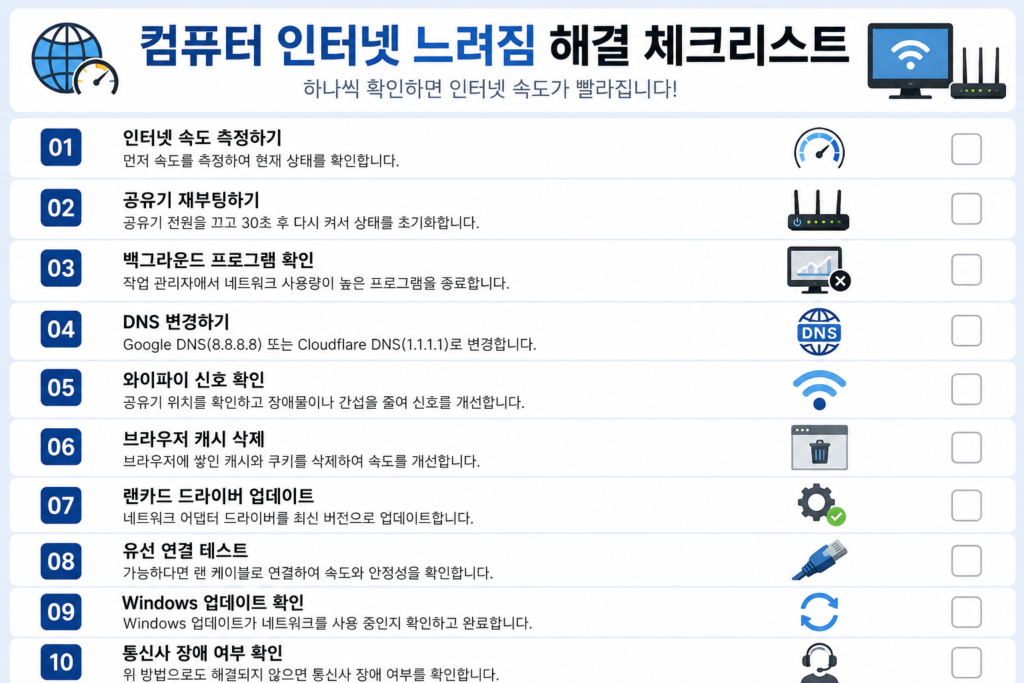 컴퓨터 인터넷 느려짐 해결 체크리스트

computer-internet-checklist.webpPeople Also Ask