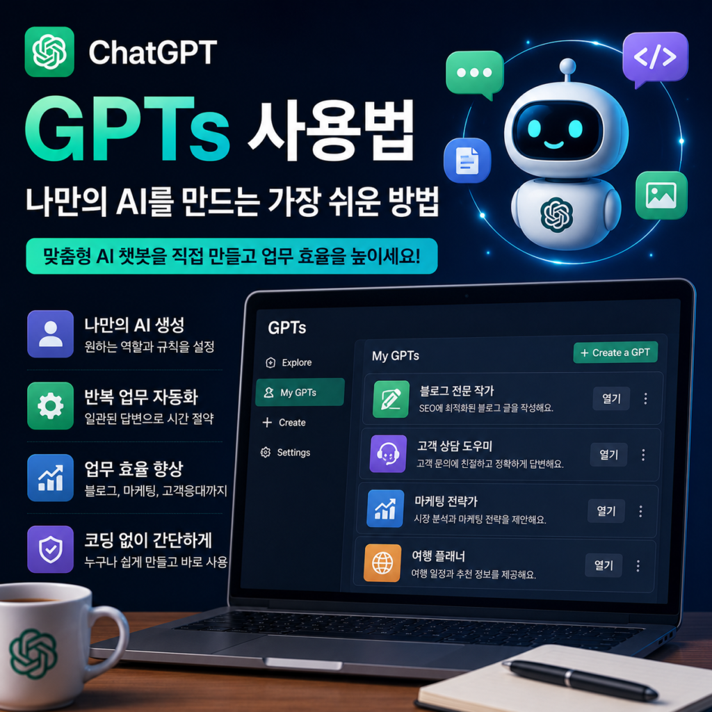 [대표 이미지]
ChatGPT GPTs 기능으로 나만의 AI를 만드는 화면