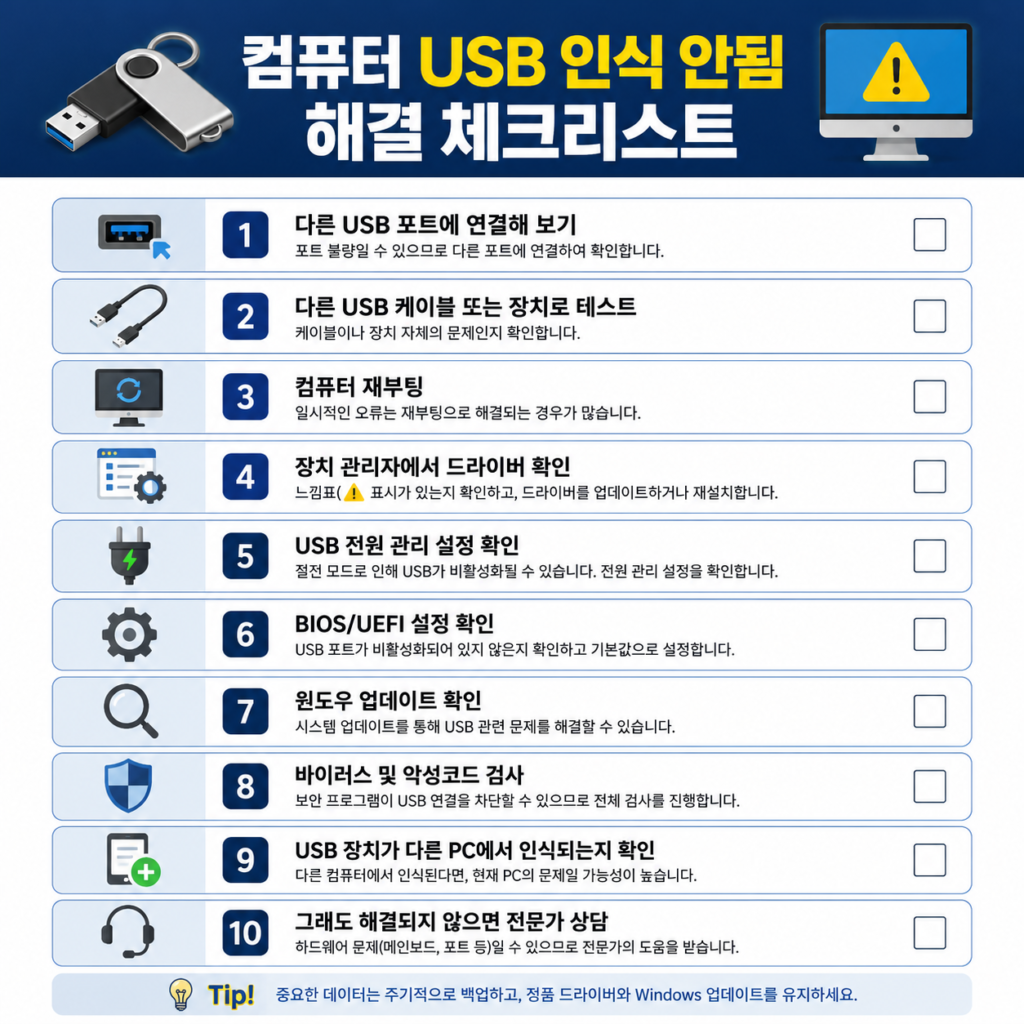 [이미지4]

컴퓨터 USB 인식 안됨 해결 체크리스트

computer-usb-checklist.webp