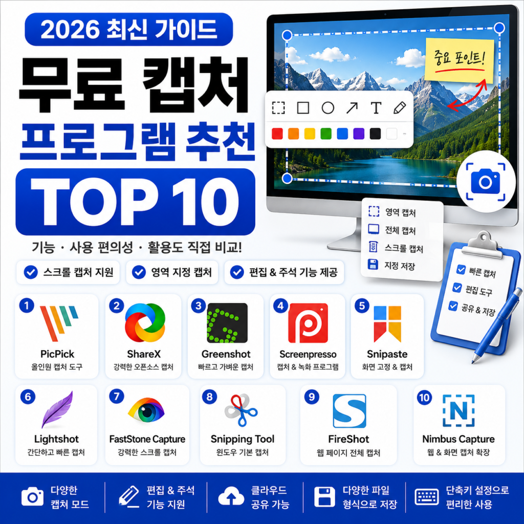 [대표 이미지]

무료 캡처 프로그램 추천 TOP 10 비교 화면

free-screen-capture-program-top10.webp
