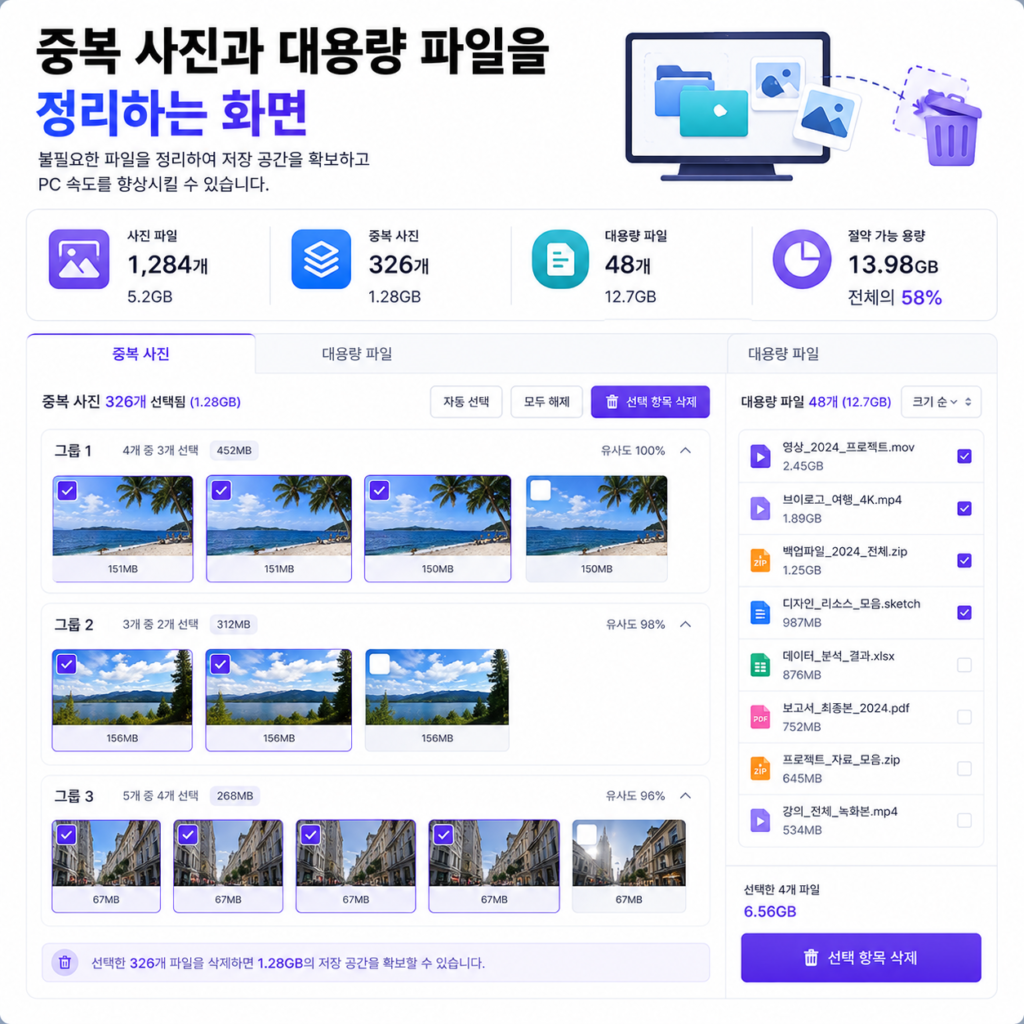 [이미지3]

중복 사진과 대용량 파일을 정리하는 화면