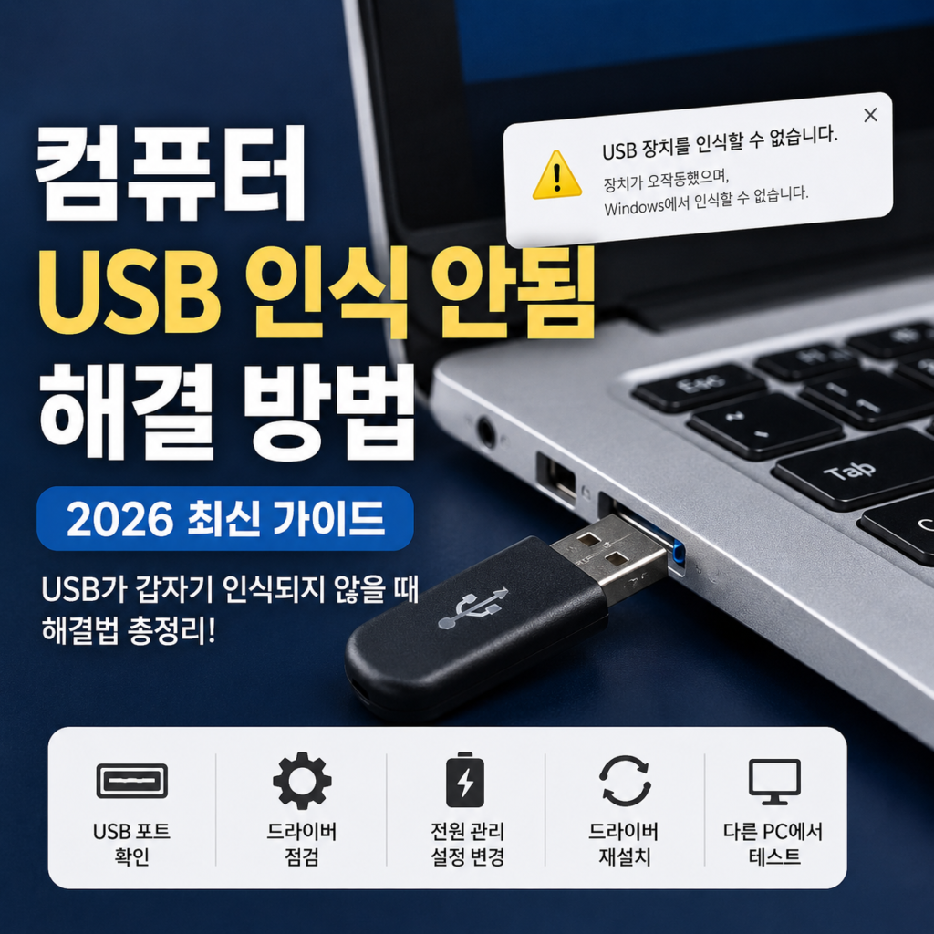 컴퓨터 USB 인식 안됨 해결 방법 Windows USB 장치 오류 화면

computer-usb-not-recognized-fix.webp