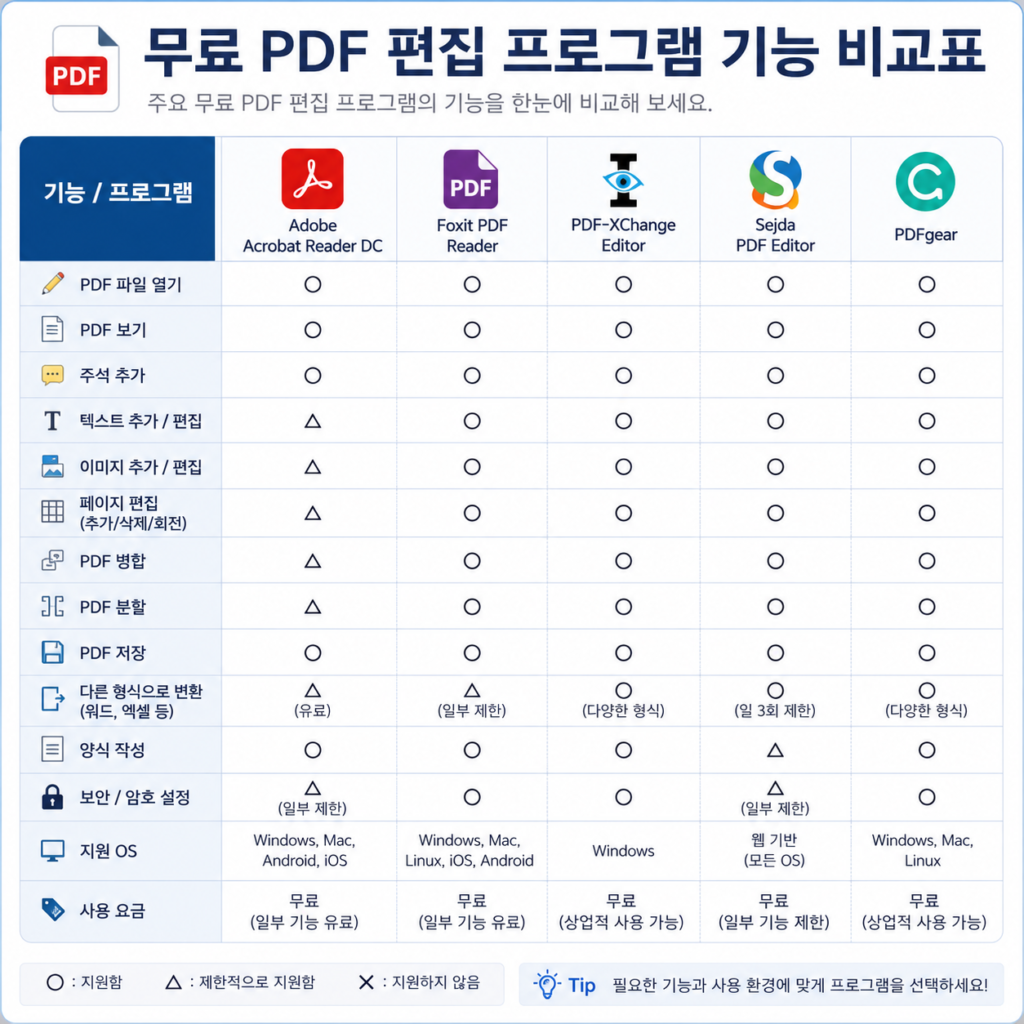 [이미지3]

무료 PDF 편집 프로그램 기능 비교표

pdf-editor-feature-comparison.webp
