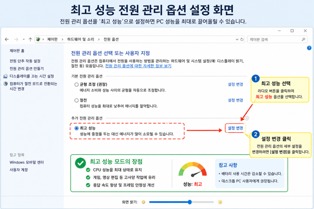 최고 성능 전원 관리 옵션 설정 화면

game-power-plan.webp
