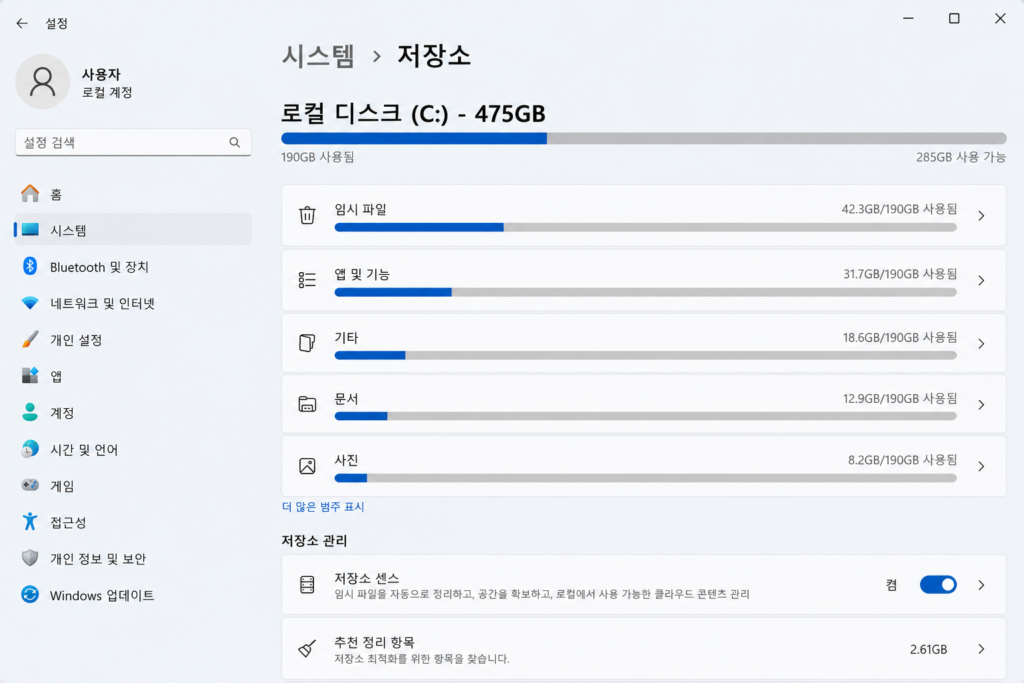 설명 : Windows 저장 공간 관리 화면