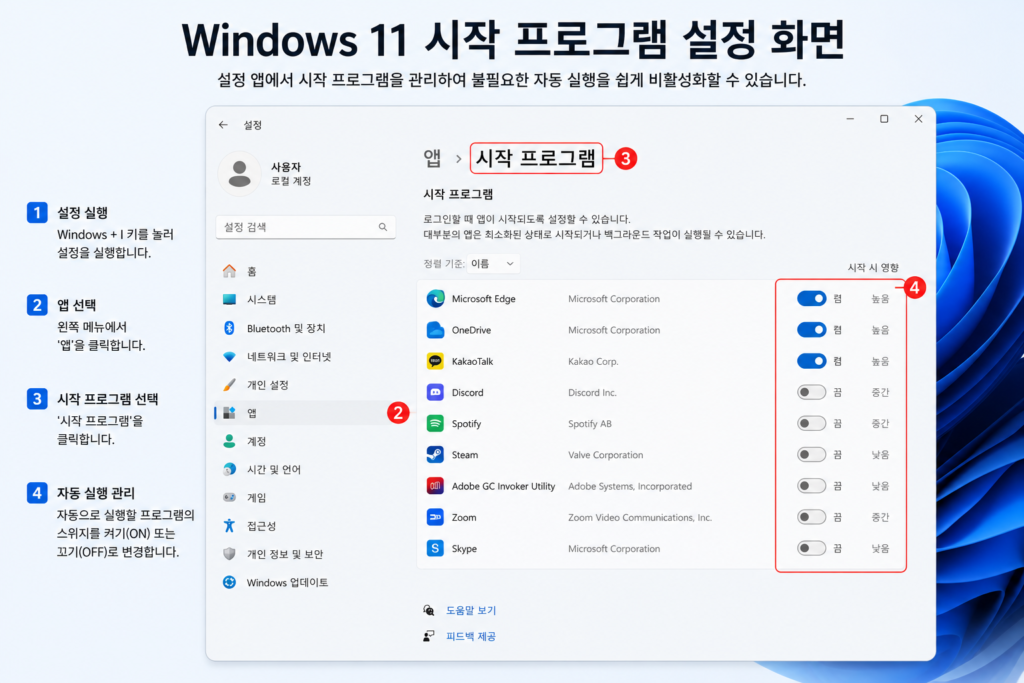 Windows 시작프로그램 설정 화면